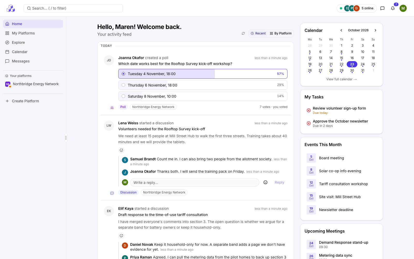 ExArca network home screen with activity feed, groups and calendar
