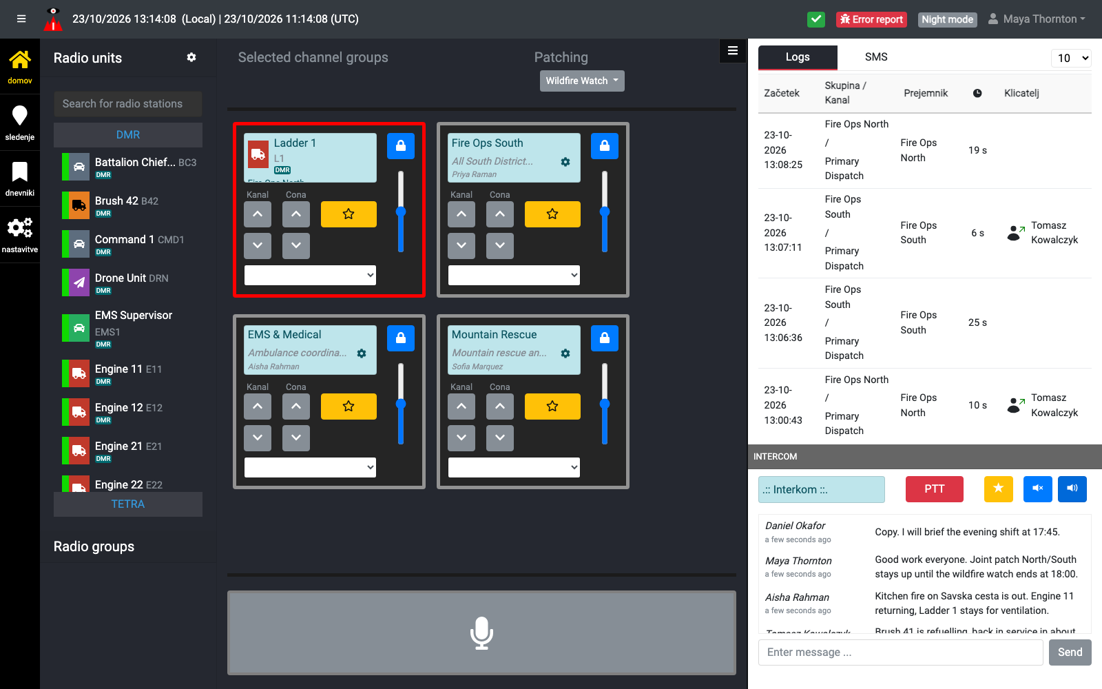 SITRAC Voice dispatch console with channel groups and a live map